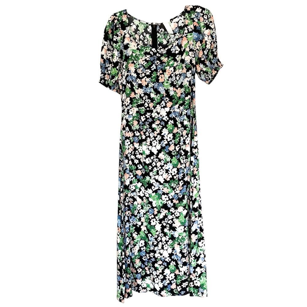 H&M Black Floral Puff Sleeve Floral Sweetheart Neckline Midi Slit Dress Size XS